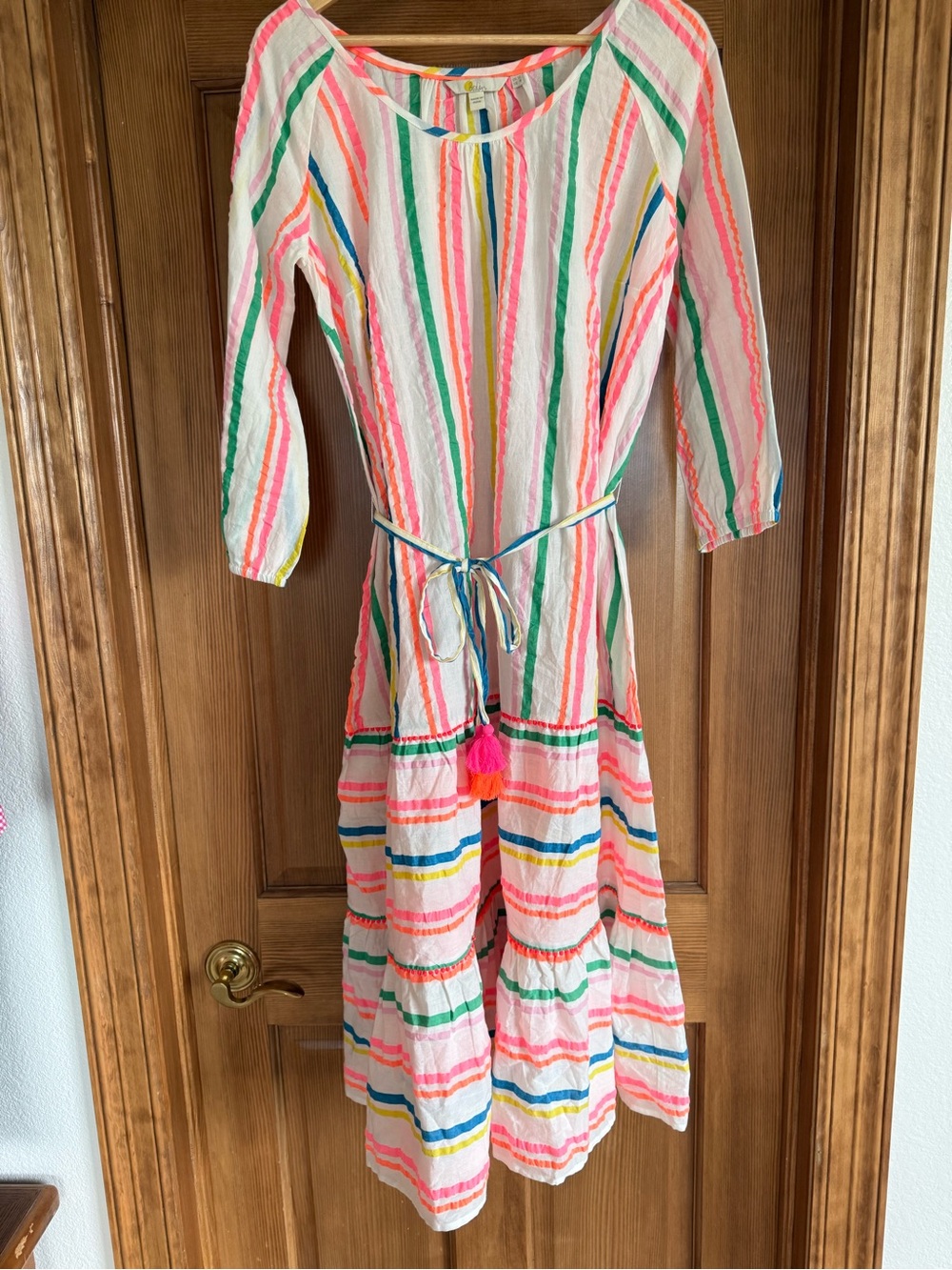 Boden White Pink Multi-Stripe Tiered Dress with Tassel Waist Tie - Picture 2 of 4